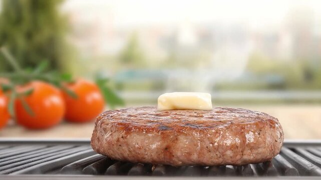 Sizzling Burger with Melting Butter: A mouthwatering, freshly grilled burger patty, topped with a pat of melting butter, steams invitingly. A few red tomatoes in the background hint at a fresh.