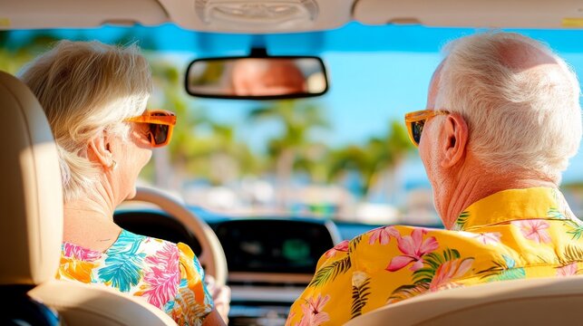 Road Trip Adventure: An elderly couple embarked on a scenic road trip adventure. The couple, bathed in the warmth of the sun, are enjoying the journey.