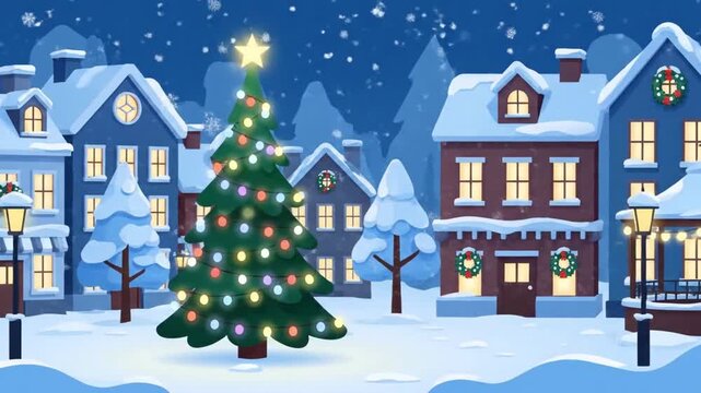 Animated Christmas Village Scene with Decorated Tree and Snow.
