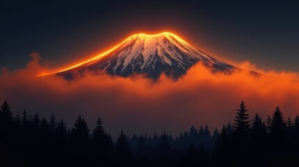 Majestic mountain peak illuminated by golden sunset light above dramatic clouds
