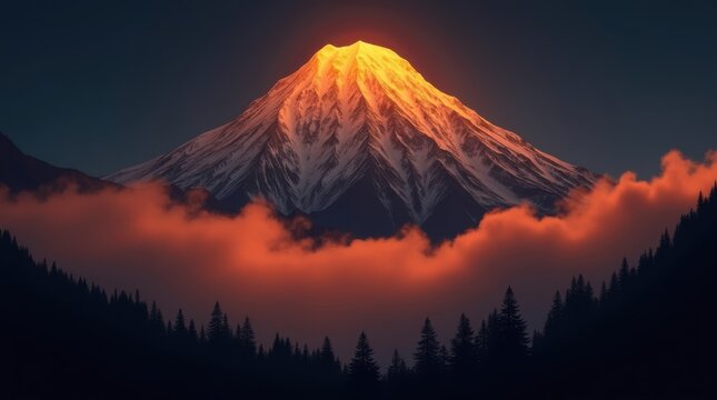 Majestic mountain peak illuminated by golden sunset light above dramatic clouds