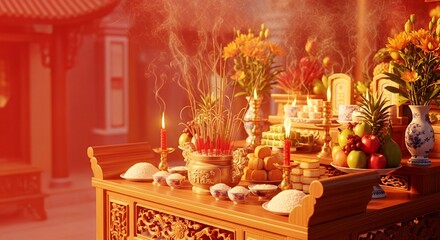 Ancestor Worship Day (Vietnam) Incense altar glow, red gold gradient