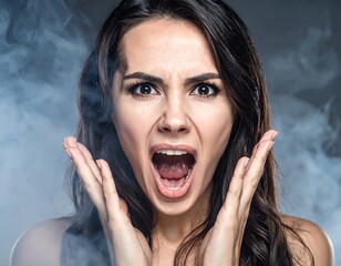 A young woman with dark hair and wide eyes opens her mouth in a scream, with hands raised, surrounded by a smoky background