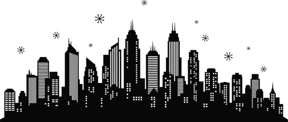 Black silhouette of a city skyline with stars on a white background illustration