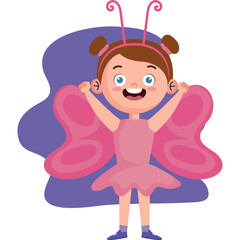 Cheerful Young Girl Dressed As A Pink Butterfly With Matching Wings And Headband For A Costume Party Celebration Joyful Expression And Playful Pose Against A Purple Blob Background On Transparent