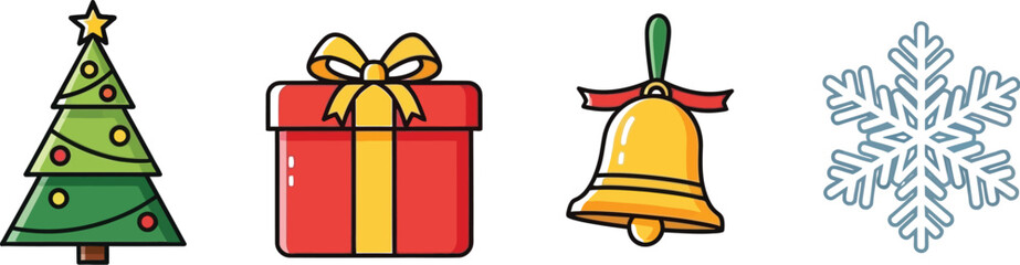 Festive christmas icons including a tree gift bell and snowflake on white
