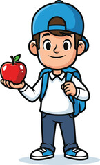 Cartoon school boy, holding apple, backpack character, smiling student, educational illustration, healthy snack, back to school, kid standing pose