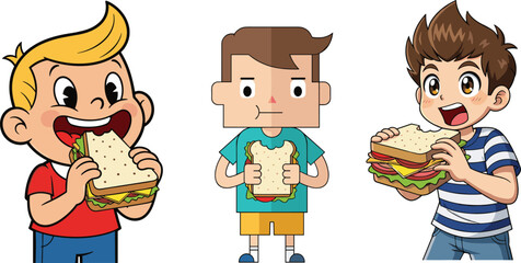 Cartoon boys eating delicious sandwiches, cute kids holding food, fun character illustrations with different styles perfect for education, menus, and design