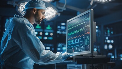 Focused surgeon monitoring vital signs in a sterile operating room