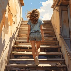 A young woman with flowing hair ascends weathered outdoor stairs bathed in sunlight, revealing glimpses of a charming rustic alleyway