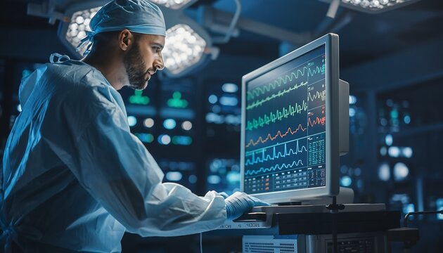 Focused surgeon monitoring vital signs in a sterile operating room - Powered by Adobe