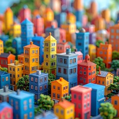 A vibrant, miniature cityscape crafted with bright, stylized buildings and verdant greenery, creating a cheerful, playful, and colorful scene