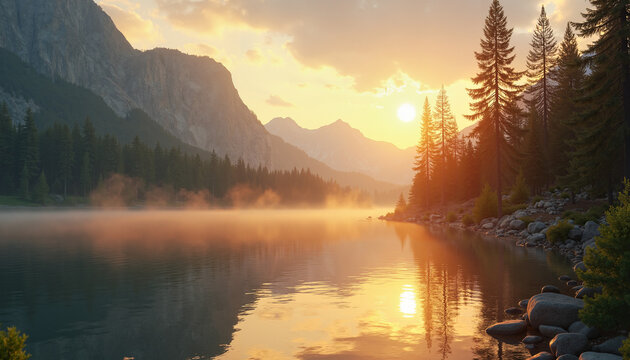 Peaceful sunset over a serene lake with reflections and mist in a mountain landscape - Powered by Adobe
