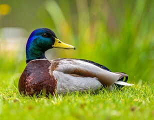 A vibrant male waterfowl rests peacefully on a bed of lush, green grass, showcasing its colorful plumage. The blurred background adds depth