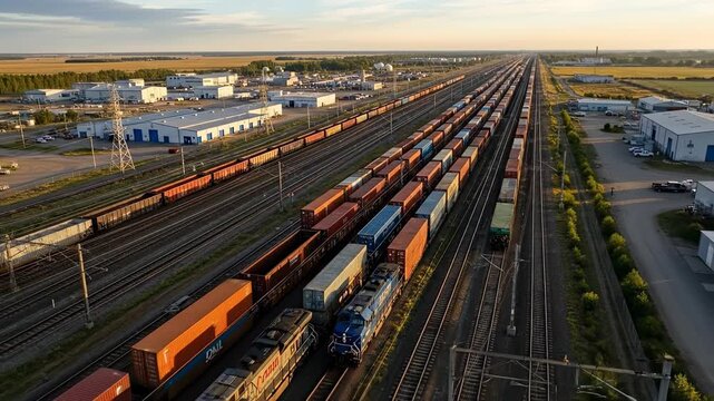 Aerial View of a Massive Freight Train Yard at Sunset.