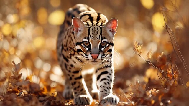 Majestic Ocelot Cat Stalks Through Sunlit Autumn Forest Floor.
