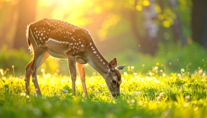 A young deer grazes peacefully in a sun-drenched meadow, its spotted coat blending with the dappled light and green surroundings