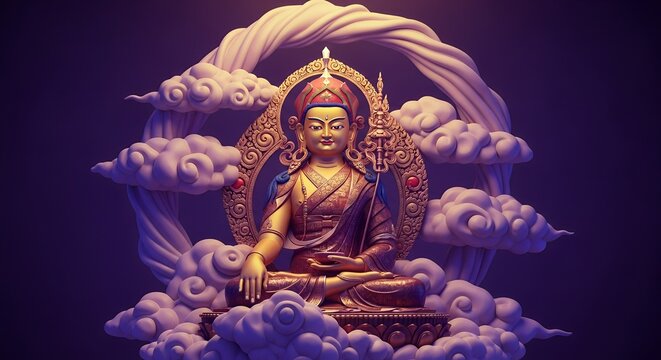 Guru Rinpoche Day Padmasambhava glowing statue, Himalayan clouds
