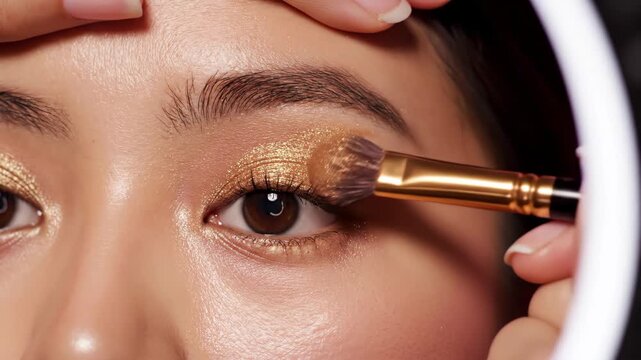 Makeup artist applying shimmery gold eyeshadow to woman's eyelid with brush. Close-up of professional cosmetic application for glamorous look