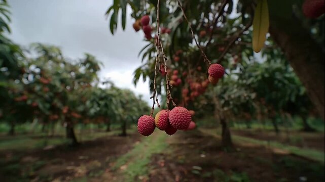 Close up of ripe lychees hanging on tree branches in an orchard.