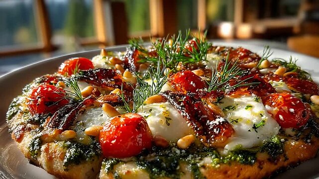 Gourmet Pizza Delight with Fresh Tomatoes and Mozzarella closeup.