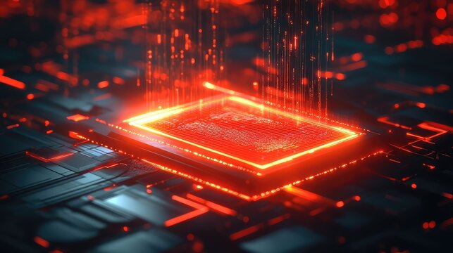Glowing processor core sending digital data streams