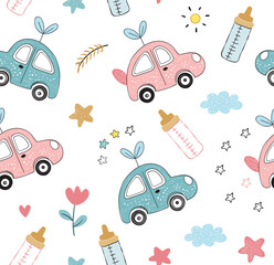 Hand drawn baby vector pattern. Abstract seamless cars pattern for girl , boy on background. Newborn baby set print design