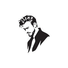 Black and White Handsome Man Illustration in Clean Vector Line Art Style on Minimal Background