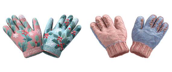 Two pairs of festive winter gloves with holiday patterns on transparent background
