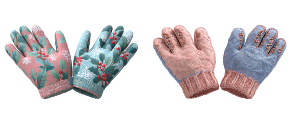 Two pairs of festive winter gloves with holiday patterns on transparent background
