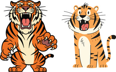 Cartoon tiger characters roaring and posing, cute and fierce wild animal illustrations, jungle wildlife artwork for kids, mascot designs and decoration