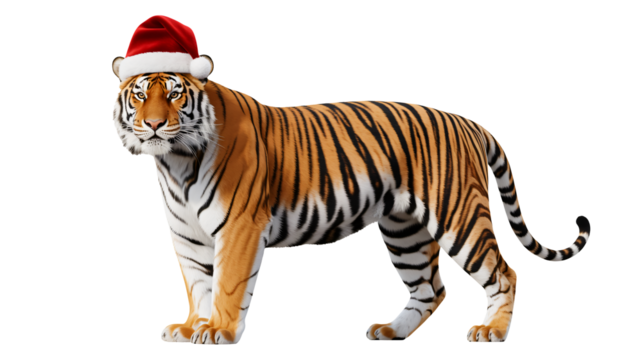 Festive tiger wearing Christmas hat, ready for holiday fun