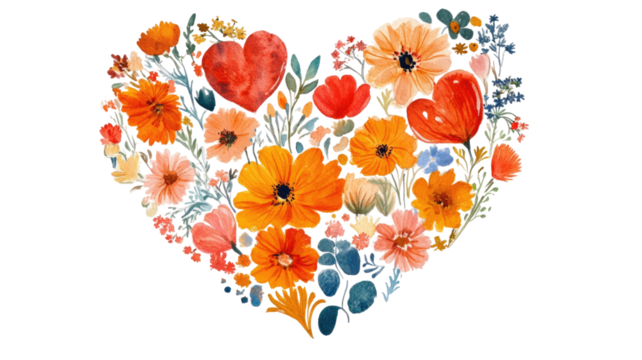 Floral heart art illustration featuring detailed botanical petals and elegant decorative shapes forming a romantic nature-inspired design isolated on white background