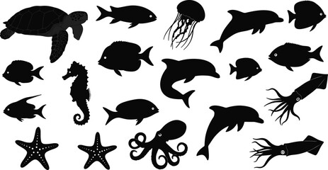 Collection of black sea animal silhouettes, featuring dolphin, turtle, fish, octopus, and seahorse, a vector set of marine life icons.