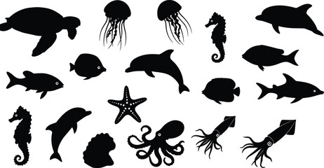 Collection of black sea animal silhouettes, with dolphin, turtle, octopus, squid, and seahorse, a vector set of isolated marine life icons.