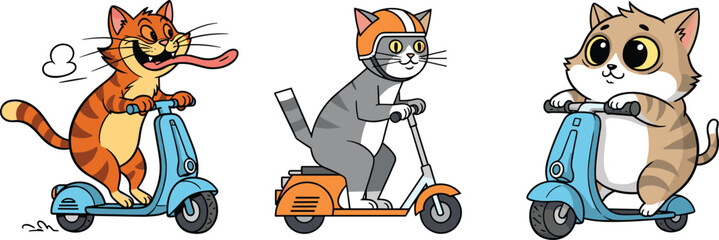 Cute cartoon cats riding colorful scooters, playful pet characters on scooters, fun animal transportation illustration for children, comics, stickers, merchandise
