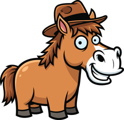 Cute cartoon horse wearing cowboy hat, funny farm animal illustration, smiling character design for children, stickers, comics, merchandise, vector art
