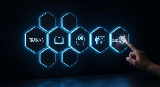 A finger interacts with illuminated training hexagons displaying icons against a dark blue background, symbolizing technology and innovation.