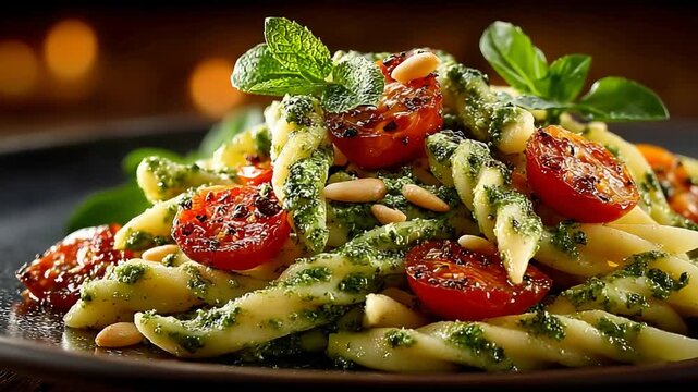Delicious Pasta with Pesto, Cherry Tomatoes, and Pine Nuts on a Plate.
