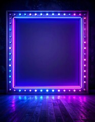 A vibrant neon-lit square frame glows against a dark textured wall. The structure sits on a wooden floor, creating a futuristic ambiance