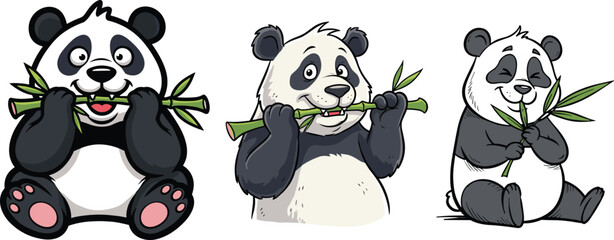 Cute cartoon pandas eating bamboo, adorable wildlife characters sitting and chewing bamboo sticks in playful illustration style, funny animal artwork collection