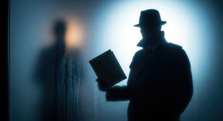 Mysterious silhouette detective in fedora holding case file, hinting at intrigue and secrets within a shadowy, atmospheric scene.