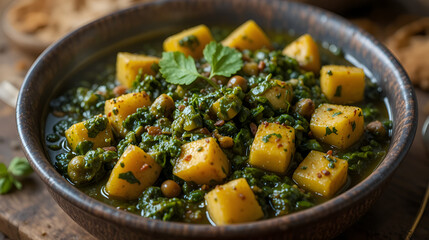Aloo Palak sabzi or Spinach Potatoes curry served in a bowl. Popular Indian healthy recipe. Selective focus