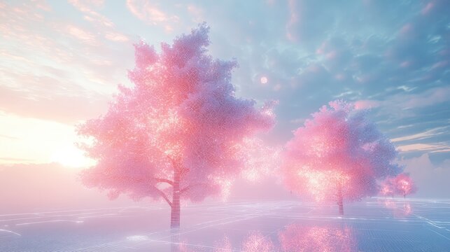 Glowing pink trees in abstract digital dreamscape