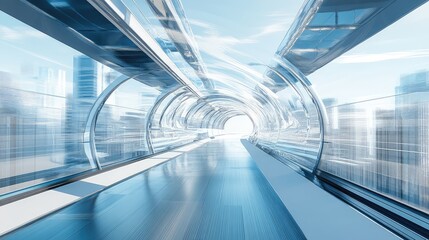 Obraz premium Futuristic glass tunnel connecting modern city buildings