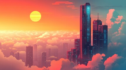 Fototapeta premium Futuristic cityscape with neon skyscrapers above clouds
