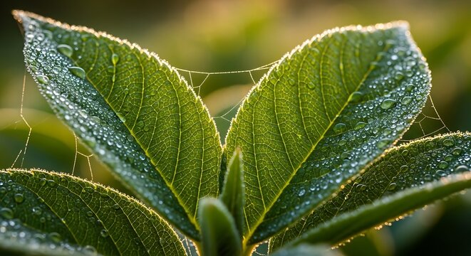 Close-up of vibrant green leaves with delicate spiderweb details. - Powered by Adobe