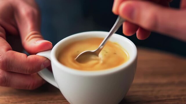 Close up of hands stirring cream into espresso coffee in a white cup
