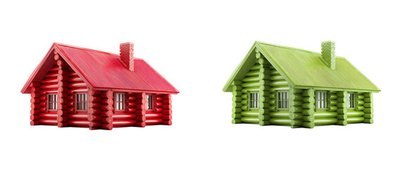 Two log cabins in red and green stand side by side against a black backdrop on transparent background