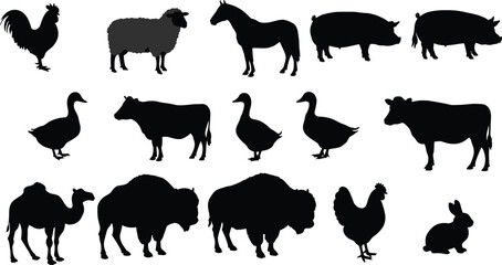 Farm animal silhouette collection featuring diverse livestock shapes, rooster, sheep, horse, pig, cow, goose, camel, bison, rabbit, perfect for agriculture vector design resources